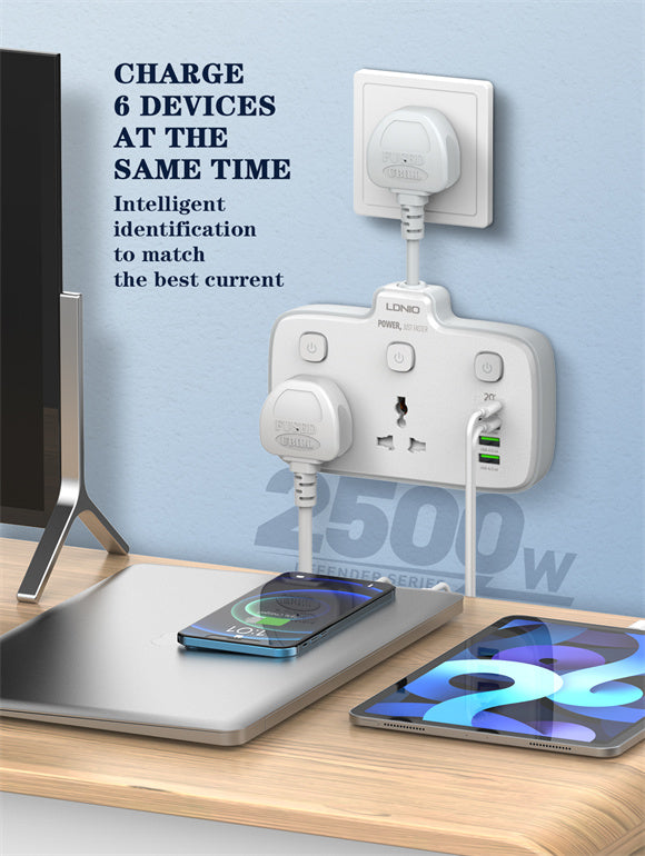 LDNIO SC2413 منافذ عالمية قطاع الطاقة برج 2 منفذ الجدار التوصيل الكهربائي PD 20 واط USB الطاقة مكعب مقبس الطاقة
