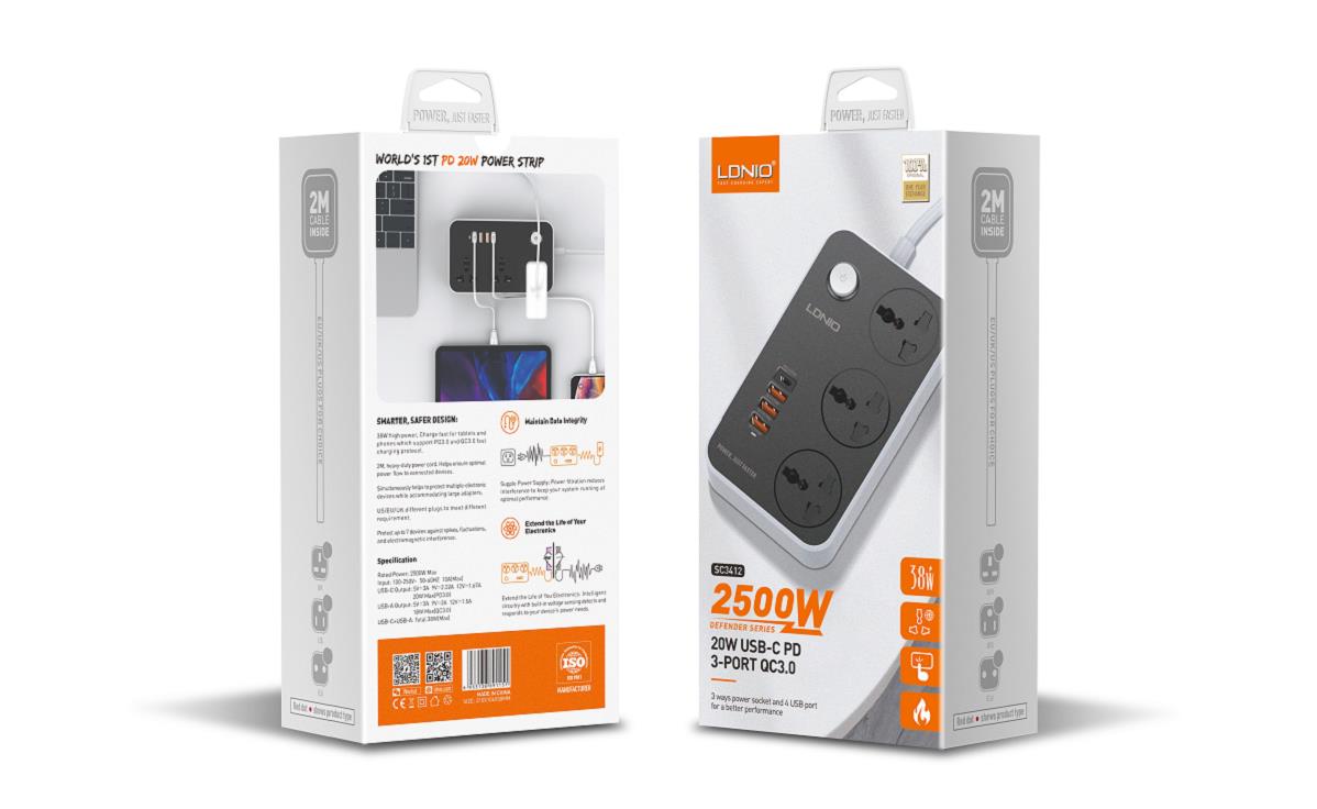 LDNIO SC3412 مقبس الطاقة مع 3 منافذ شحن سريع USB-C مقبس الطاقة قطاع الطاقة مع 4 منافذ USB 38 واط للهاتف لشحن