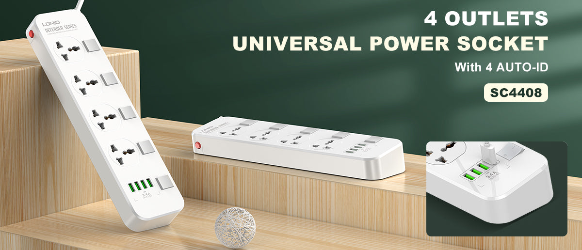 LDNIO SC4408 4-Outlet Power Strip + 4 USB Ports – 2-Meter Cable, 2500W Max, Auto-ID Charging, Overload Protection