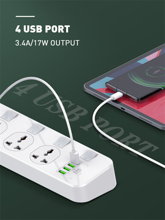 LDNIO SC4408 4-Outlet Power Strip + 4 USB Ports – 2-Meter Cable, 2500W Max, Auto-ID Charging, Overload Protection