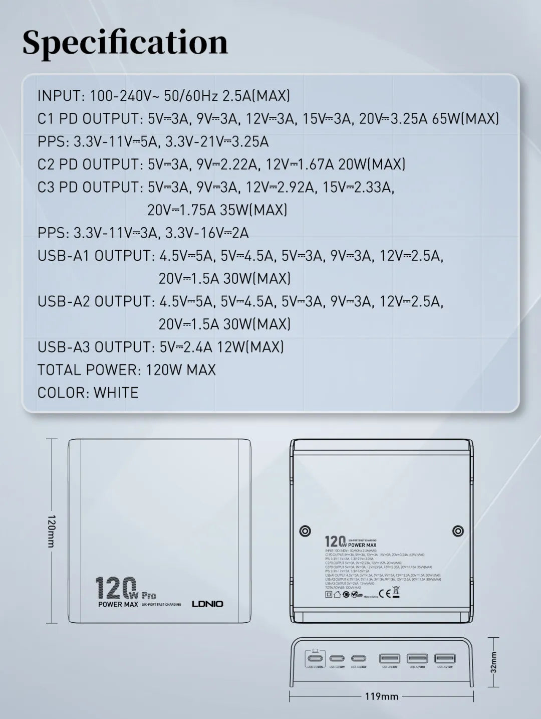 محطة شحن سطح المكتب متعددة المنافذ LDNIO Q605 بقوة 120 واط 