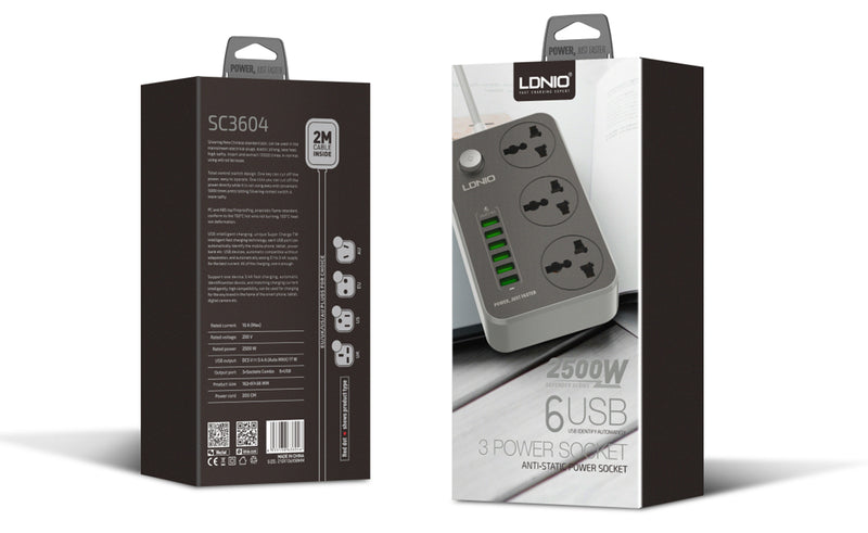 LDNIO SC3604 Power Socket with 3 Outlets Power Strip Strip with 6 USB Ports 17W for Phone to Charge