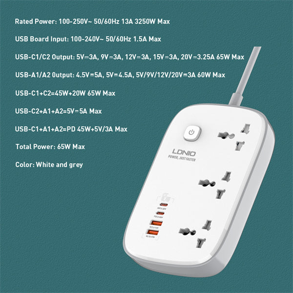 LDNIO SC3416 Custom Wholesale Universal Electrical Cord Strip 3 Outlets 4 GaN USB Port Multi Power Strip Plug Boar Extension Socket