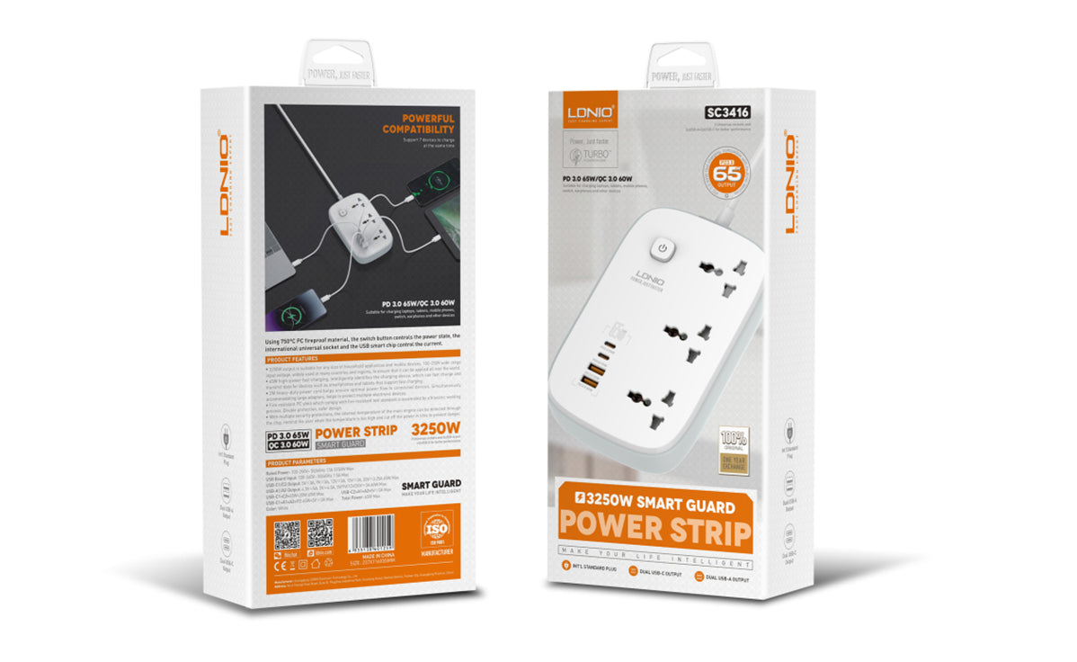 LDNIO SC3416 مخصص بالجملة شريط سلك كهربائي عالمي 3 منافذ 4 منفذ USB GaN متعدد قطاع الطاقة التوصيل مقبس تمديد الخنزير
