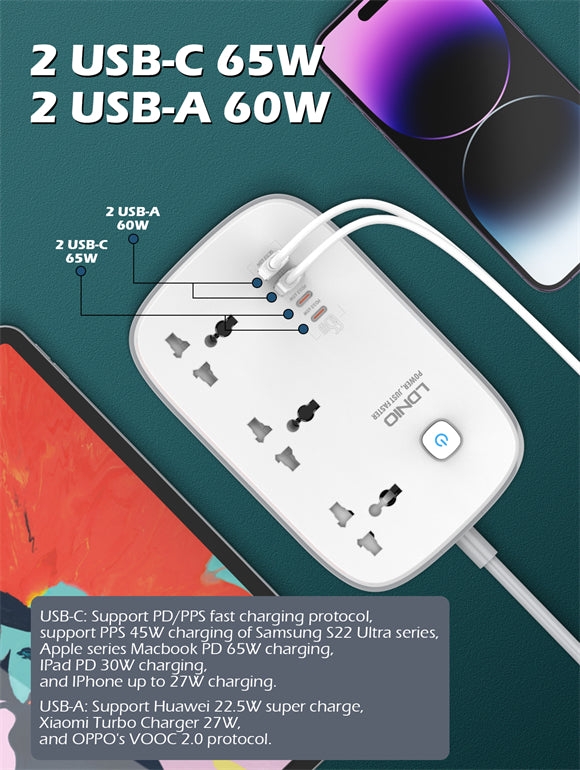 LDNIO SC3416 مخصص بالجملة شريط سلك كهربائي عالمي 3 منافذ 4 منفذ USB GaN متعدد قطاع الطاقة التوصيل مقبس تمديد الخنزير