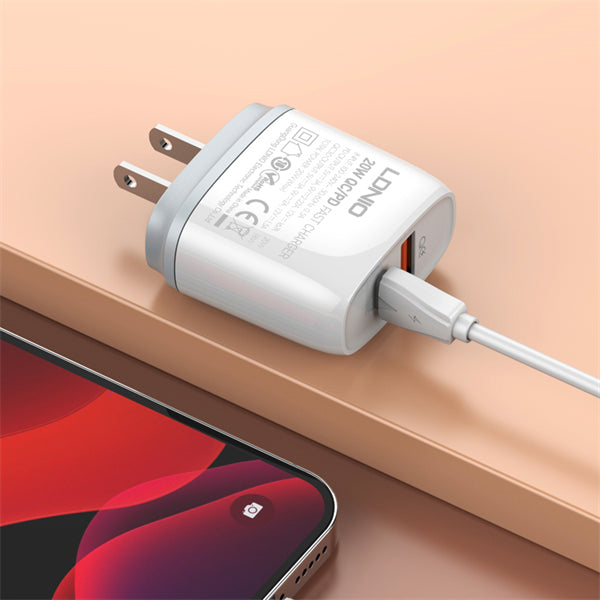 LDNIO Q229 20W PD + QC3.0 Fast Charger – USB-C & USB-A Dual Port, 100-240V Travel Plug, Fireproof Shell