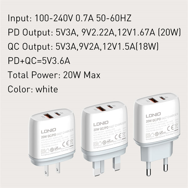 LDNIO Q229 20W PD + QC3.0 Fast Charger – USB-C & USB-A Dual Port, 100-240V Travel Plug, Fireproof Shell