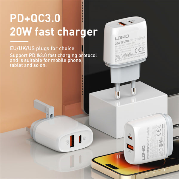 LDNIO Q229 20W PD + QC3.0 Fast Charger – USB-C & USB-A Dual Port, 100-240V Travel Plug, Fireproof Shell