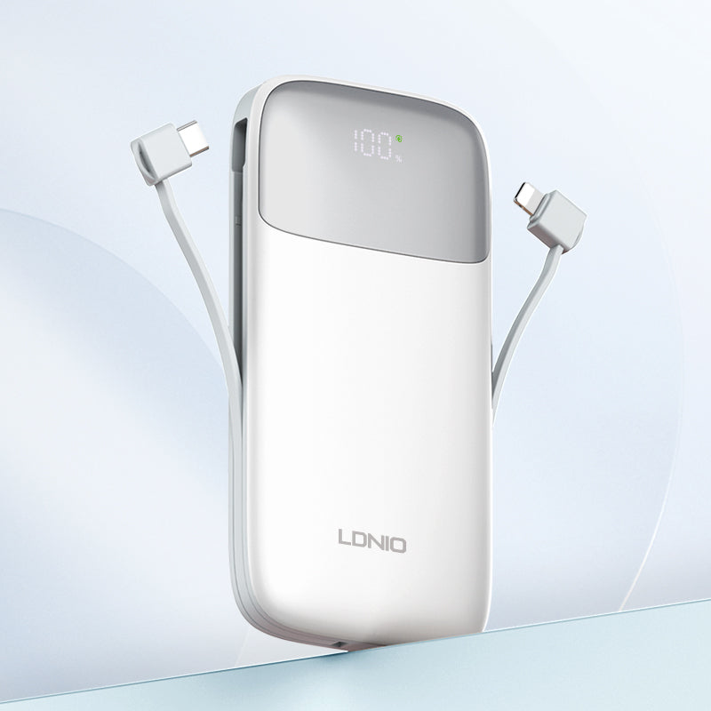 LDNIO PQ20 20000mAh Portable Power Bank | 22.5W Fast Charging, Built-In USB-C & Lightning Cables, LED Battery Display, Multi-Device Safe Charging