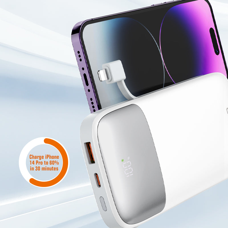 LDNIO PQ20 20000mAh Portable Power Bank | 22.5W Fast Charging, Built-In USB-C & Lightning Cables, LED Battery Display, Multi-Device Safe Charging