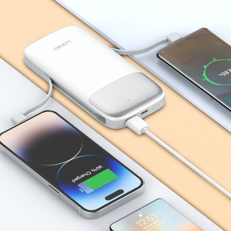 LDNIO PQ20 20000mAh Portable Power Bank | 22.5W Fast Charging, Built-In USB-C & Lightning Cables, LED Battery Display, Multi-Device Safe Charging