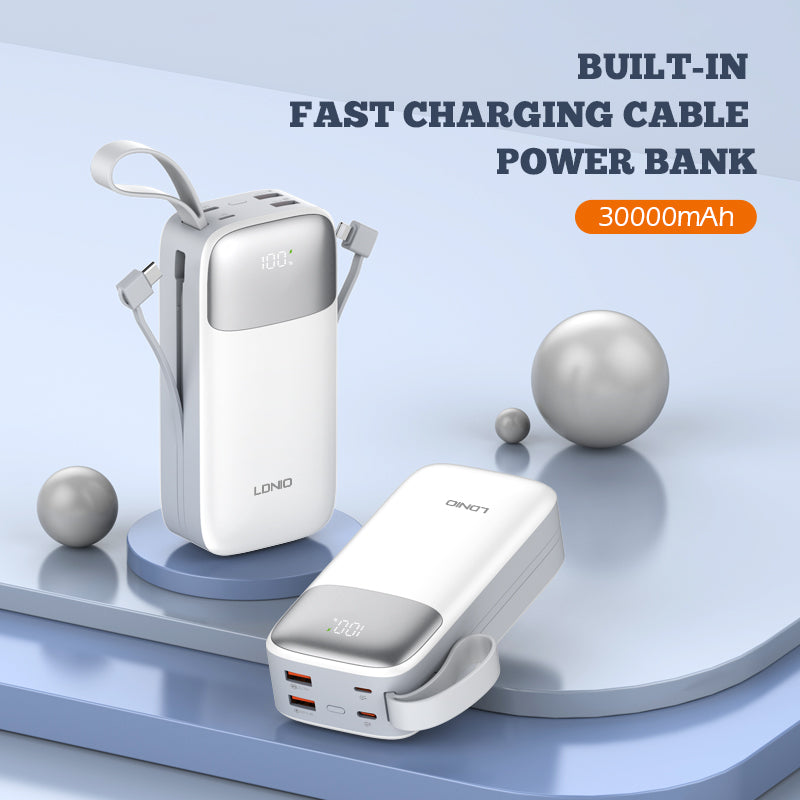 LDNIO PQ30 30000mAh Power Bank | Fast Charging 22.5W, Built-In USB-C & Lightning Cables, LED Battery Display, Multi-Device Portable Charger