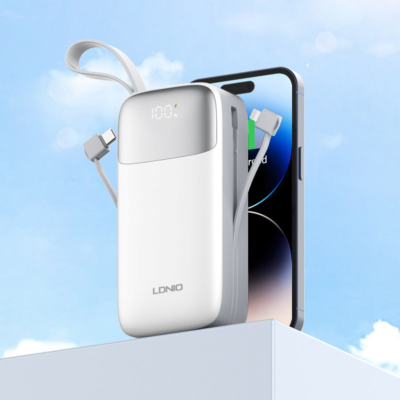 LDNIO PQ30 30000mAh Power Bank | Fast Charging 22.5W, Built-In USB-C & Lightning Cables, LED Battery Display, Multi-Device Portable Charger