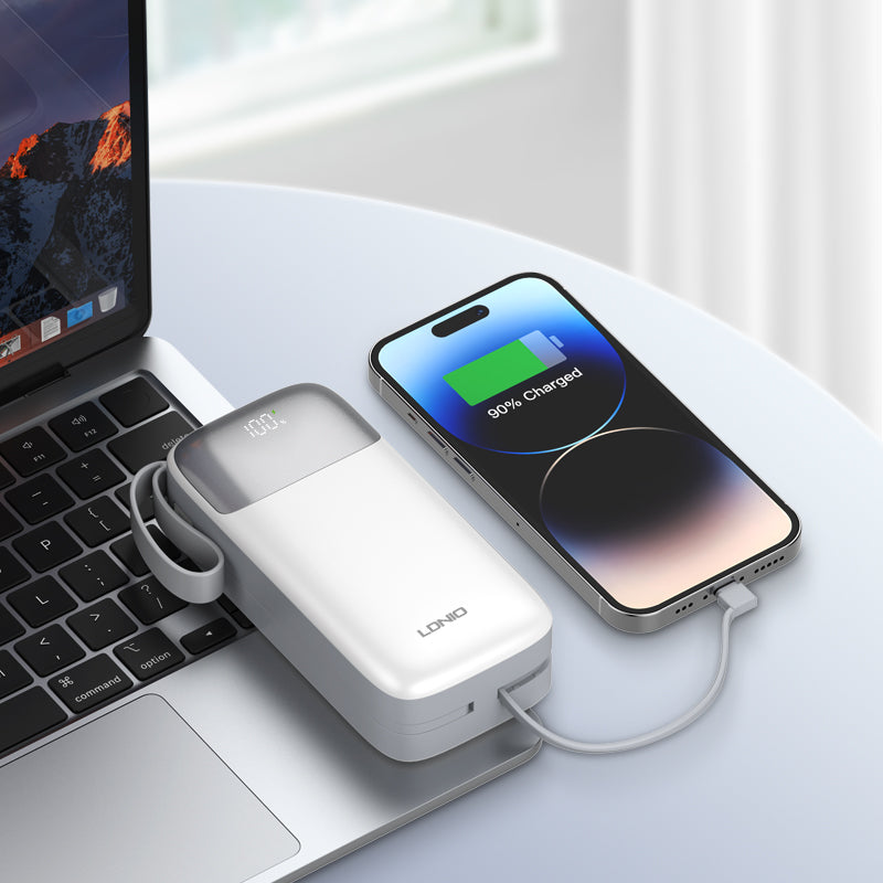 LDNIO PQ30 30000mAh Power Bank | Fast Charging 22.5W, Built-In USB-C & Lightning Cables, LED Battery Display, Multi-Device Portable Charger