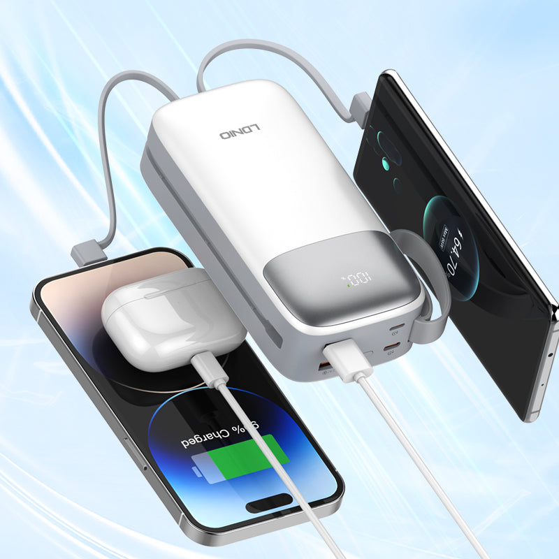 LDNIO PQ30 30000mAh Power Bank | Fast Charging 22.5W, Built-In USB-C & Lightning Cables, LED Battery Display, Multi-Device Portable Charger