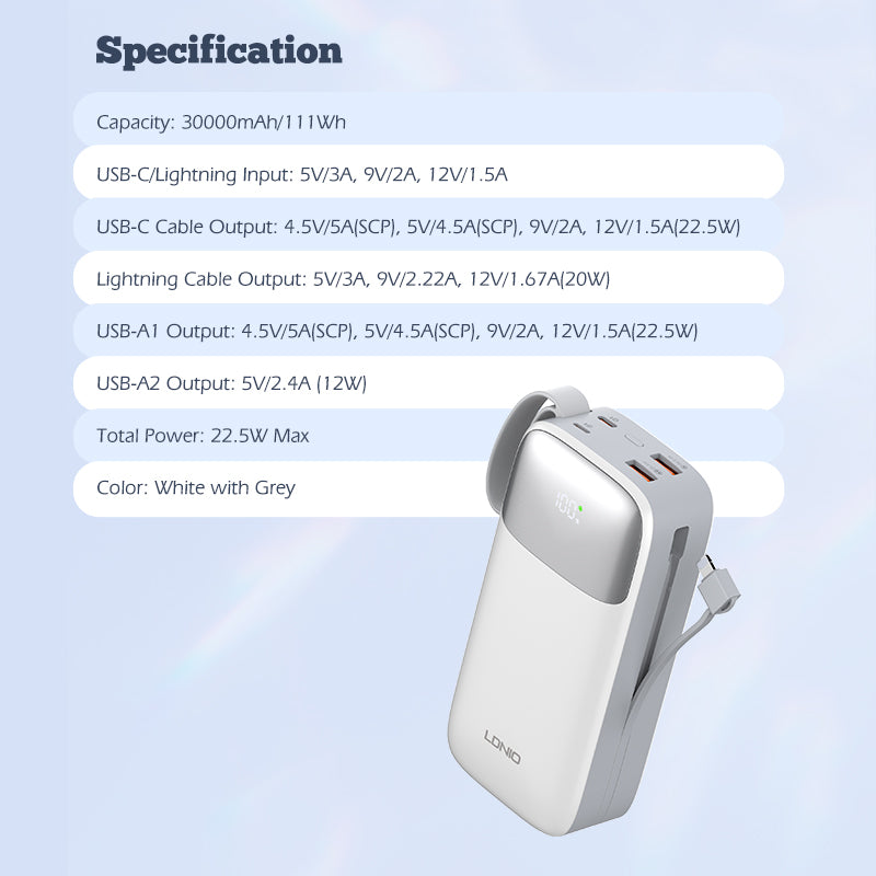 LDNIO PQ30 30000mAh Power Bank | Fast Charging 22.5W, Built-In USB-C & Lightning Cables, LED Battery Display, Multi-Device Portable Charger