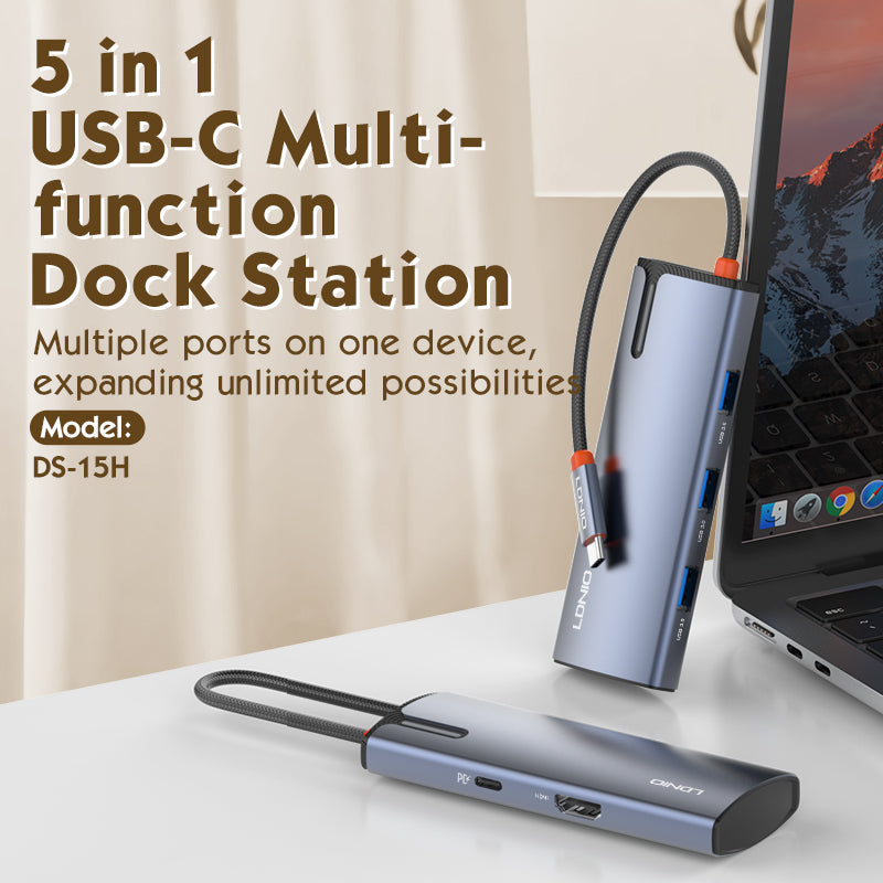 محطة إرساء LDNIO DS-15H متعددة الوظائف 5 في 1 بمنفذ USB-C، محول HDMI بدقة 4K، شحن سريع بقوة 100 واط PD، 3 منافذ USB 3.0، محور متعدد المنافذ للابتوب، ماك بوك والتابلت