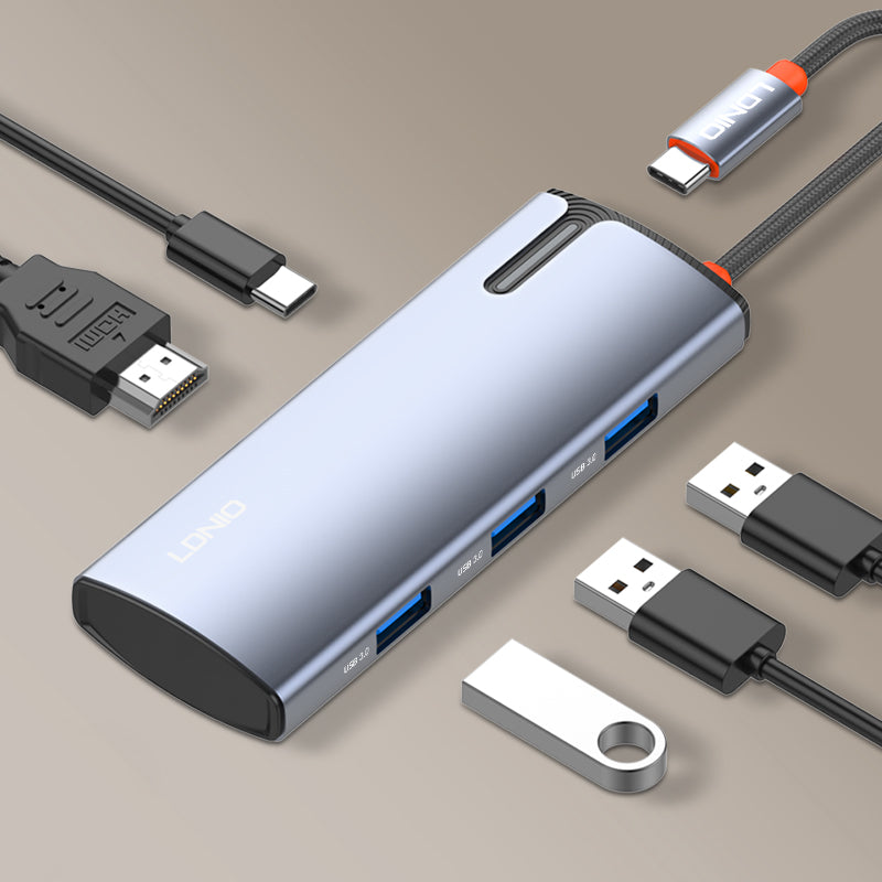 محطة إرساء LDNIO DS-15H متعددة الوظائف 5 في 1 بمنفذ USB-C، محول HDMI بدقة 4K، شحن سريع بقوة 100 واط PD، 3 منافذ USB 3.0، محور متعدد المنافذ للابتوب، ماك بوك والتابلت