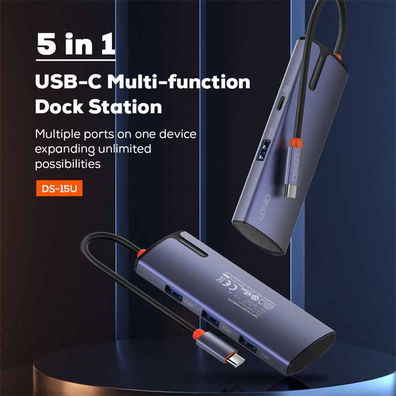 محطة إرساء LDNIO DS-15U USB-C: محول متعدد المنافذ 5 في 1، توصيل طاقة 100 واط، 4 منافذ USB 3.0 عالية السرعة للابتوب والتابلت - رمادي