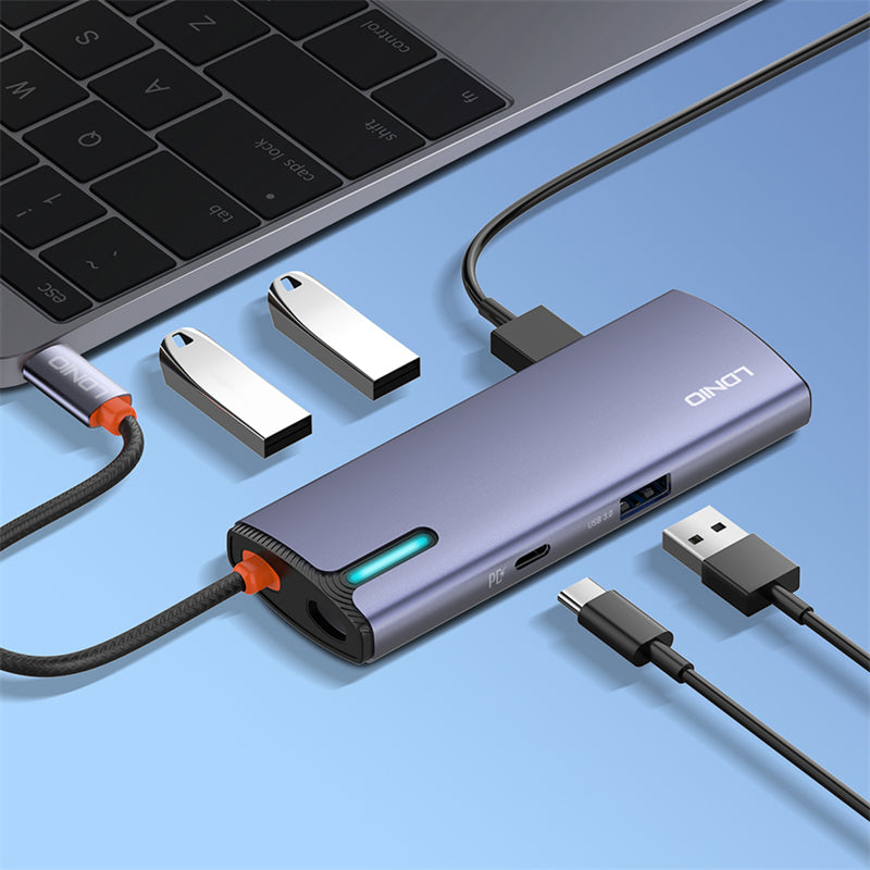 محطة إرساء LDNIO DS-15U USB-C: محول متعدد المنافذ 5 في 1، توصيل طاقة 100 واط، 4 منافذ USB 3.0 عالية السرعة للابتوب والتابلت - رمادي