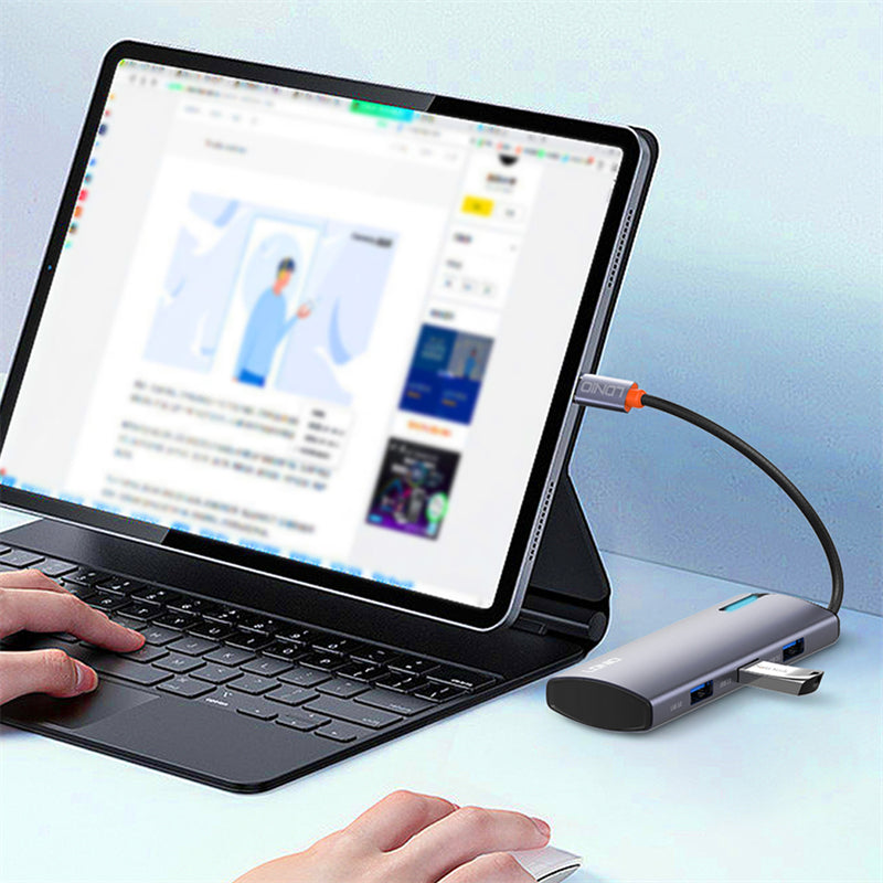 محطة إرساء LDNIO DS-15U USB-C: محول متعدد المنافذ 5 في 1، توصيل طاقة 100 واط، 4 منافذ USB 3.0 عالية السرعة للابتوب والتابلت - رمادي