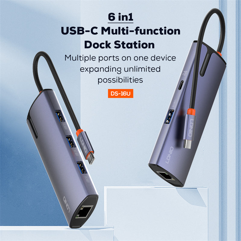 محطة إرساء LDNIO DS-16U متعددة المنافذ 6 في 1 USB-C – 100 واط PD، 4× USB 3.0، إيثرنت RJ45 – محور متعدد المنافذ من نوع C للابتوب وماك بوك