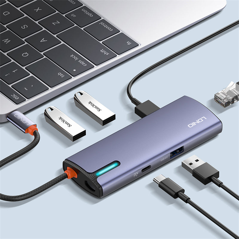محطة إرساء LDNIO DS-16U متعددة المنافذ 6 في 1 USB-C – 100 واط PD، 4× USB 3.0، إيثرنت RJ45 – محور متعدد المنافذ من نوع C للابتوب وماك بوك