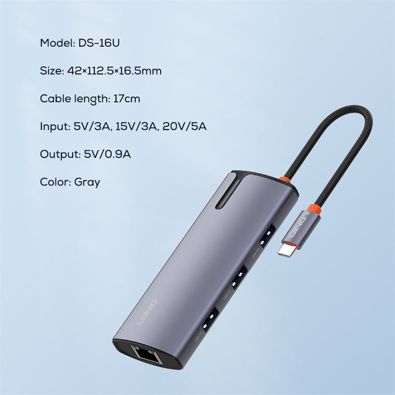 محطة إرساء LDNIO DS-16U متعددة المنافذ 6 في 1 USB-C – 100 واط PD، 4× USB 3.0، إيثرنت RJ45 – محور متعدد المنافذ من نوع C للابتوب وماك بوك