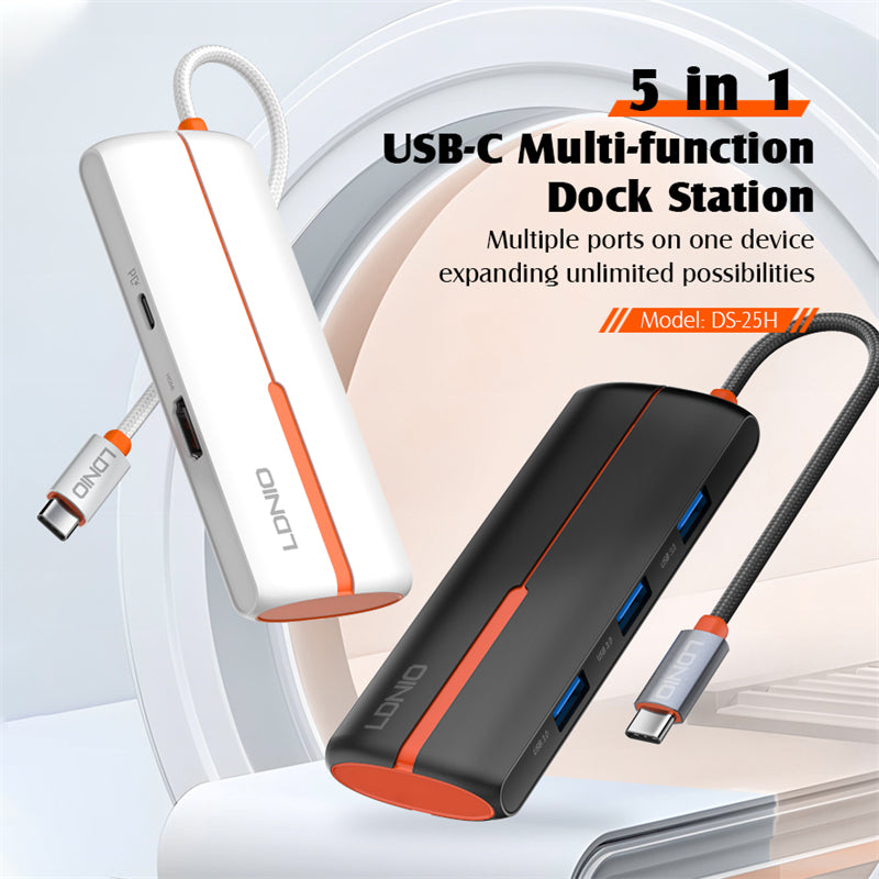 محول محور LDNIO DS-25H 5 في 1 بمنفذ USB-C مع HDMI بدقة 4K، شحن سريع بقوة 100 واط PD، 3 منافذ USB 3.0، محطة إرساء Type-C للابتوب، ماك بوك، التابلت وأجهزة USB-C