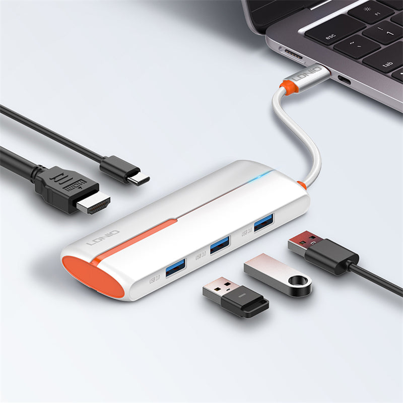 محول محور LDNIO DS-25H 5 في 1 بمنفذ USB-C مع HDMI بدقة 4K، شحن سريع بقوة 100 واط PD، 3 منافذ USB 3.0، محطة إرساء Type-C للابتوب، ماك بوك، التابلت وأجهزة USB-C