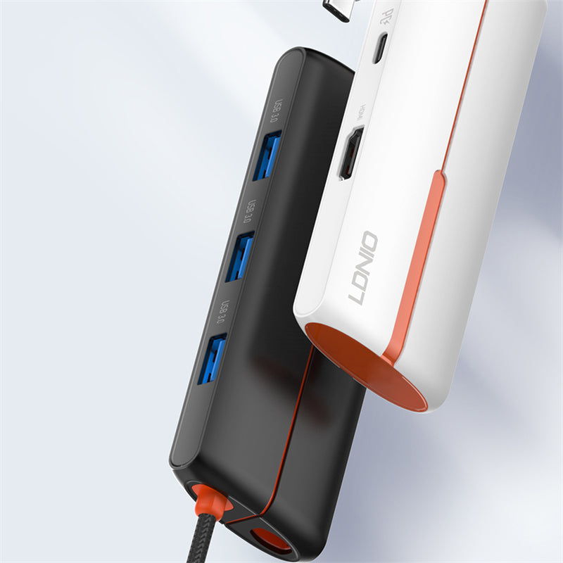 محول محور LDNIO DS-25H 5 في 1 بمنفذ USB-C مع HDMI بدقة 4K، شحن سريع بقوة 100 واط PD، 3 منافذ USB 3.0، محطة إرساء Type-C للابتوب، ماك بوك، التابلت وأجهزة USB-C
