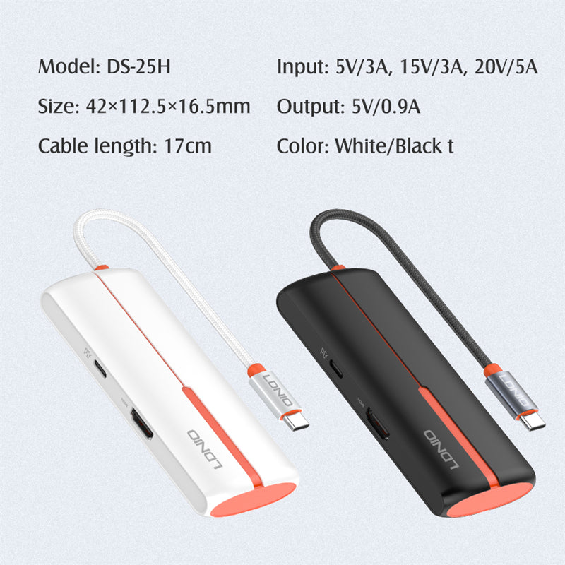 محول محور LDNIO DS-25H 5 في 1 بمنفذ USB-C مع HDMI بدقة 4K، شحن سريع بقوة 100 واط PD، 3 منافذ USB 3.0، محطة إرساء Type-C للابتوب، ماك بوك، التابلت وأجهزة USB-C