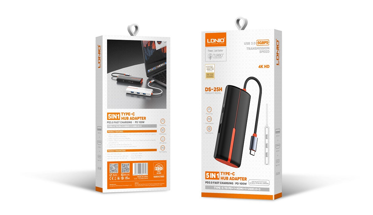 محول محور LDNIO DS-25H 5 في 1 بمنفذ USB-C مع HDMI بدقة 4K، شحن سريع بقوة 100 واط PD، 3 منافذ USB 3.0، محطة إرساء Type-C للابتوب، ماك بوك، التابلت وأجهزة USB-C