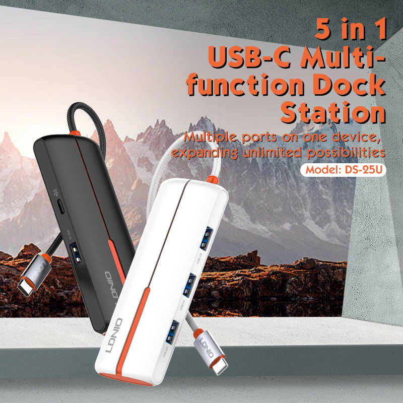 محول محور LDNIO DS-25U متعدد الوظائف 5 في 1 بمنفذ USB-C مع 3 منافذ USB 3.0، شحن سريع USB-C PD بقوة 100 واط، محطة إرساء نوع-C لنقل البيانات عالية السرعة لأجهزة اللابتوب، ماك بوك، التابلت وأجهزة USB-C