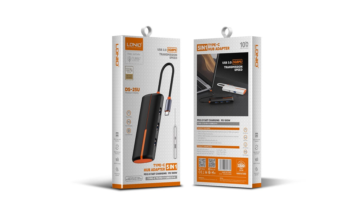 محول محور LDNIO DS-25U متعدد الوظائف 5 في 1 بمنفذ USB-C مع 3 منافذ USB 3.0، شحن سريع USB-C PD بقوة 100 واط، محطة إرساء نوع-C لنقل البيانات عالية السرعة لأجهزة اللابتوب، ماك بوك، التابلت وأجهزة USB-C