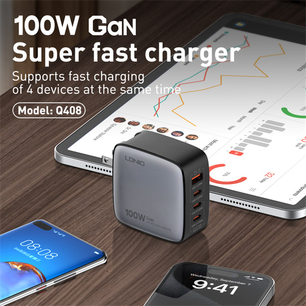 LDNIO Q408 100W GaN Super Fast Charger, 4‑Port USB (3×USB‑C + 1×USB‑A), PD & QC Fast Charge, Replaceable US/EU/UK Plugs, Compact Wall Adapter