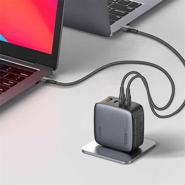 LDNIO Q408 100W GaN Super Fast Charger, 4‑Port USB (3×USB‑C + 1×USB‑A), PD & QC Fast Charge, Replaceable US/EU/UK Plugs, Compact Wall Adapter