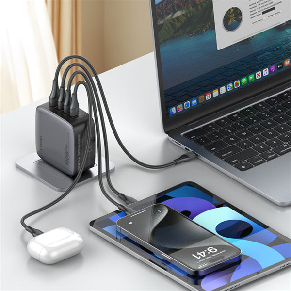 LDNIO Q408 100W GaN Super Fast Charger, 4‑Port USB (3×USB‑C + 1×USB‑A), PD & QC Fast Charge, Replaceable US/EU/UK Plugs, Compact Wall Adapter