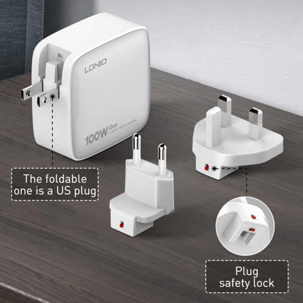 LDNIO Q408 100W GaN Super Fast Charger, 4‑Port USB (3×USB‑C + 1×USB‑A), PD & QC Fast Charge, Replaceable US/EU/UK Plugs, Compact Wall Adapter