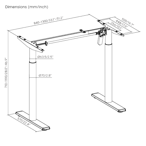 Avetron Electric Sit-Stand Desk Frame – 710-1190 mm Height, 84-130 cm Width Adjustable, 80 kg Load, Single Motor