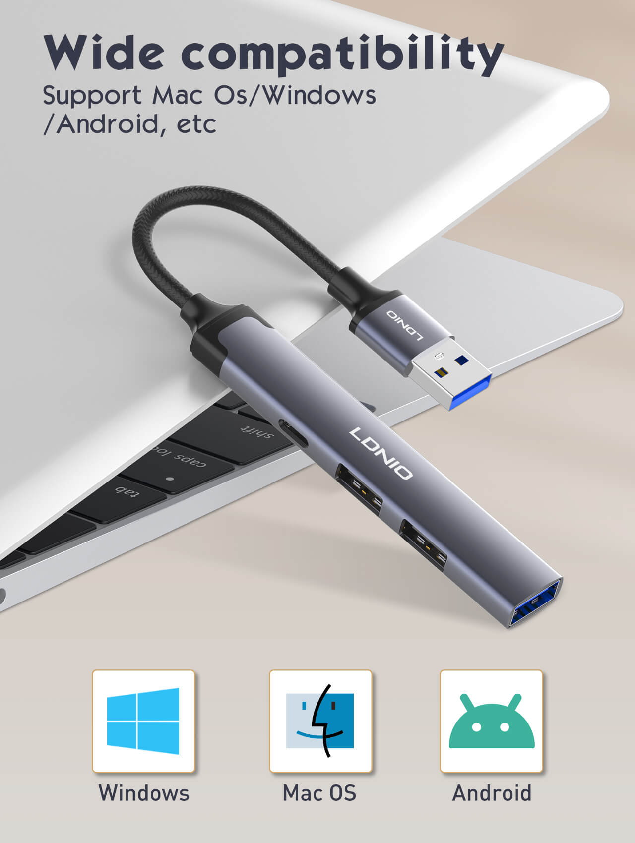 LDNIO DS‑44C 4‑in‑1 USB Hub Adapter with 1×USB 3.0 & 3×USB 2.0 Ports, 5 Gbps High‑Speed Data Transfer, Compact Multi‑Port USB Docking Station for Laptop, PC & USB Devices