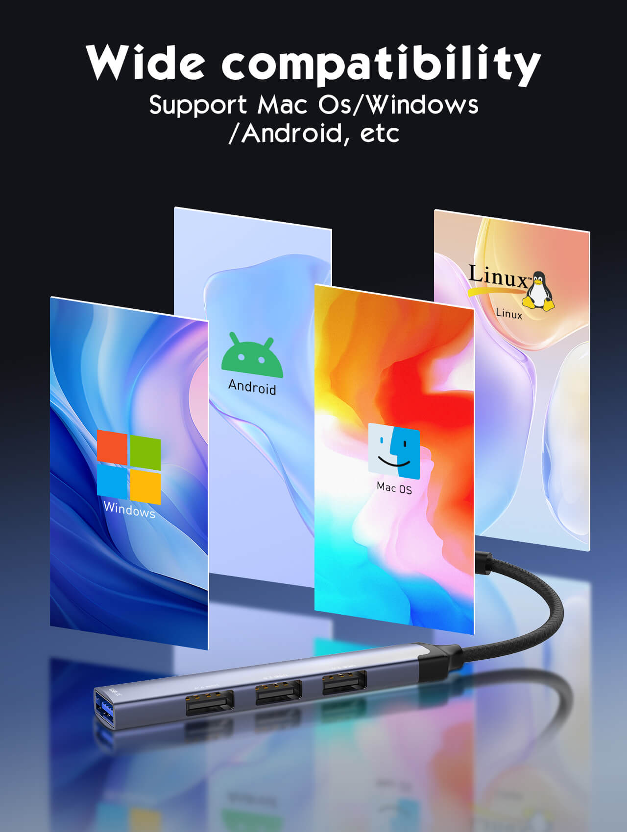 محول محور USB متعدد المنافذ LDNIO DS‑44U 4 في 1 مع منفذ USB 3.0 واحد و3 منافذ USB 2.0، نقل بيانات عالي السرعة بسرعة 5 جيجابت في الثانية، محطة إرساء متعددة المنافذ قابلة للتوصيل والتشغيل لأجهزة اللابتوب، الكمبيوتر الشخصي، ماك بوك وأجهزة USB
