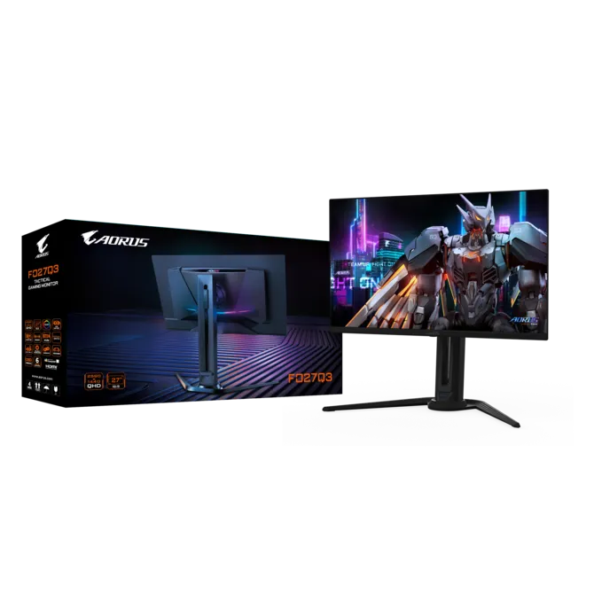 شاشة ألعاب جيجابايت أوروس FO27Q3 مقاس 27 بوصة QD-OLED — دقة 2560×1440 QHD، معدل تحديث 360 هرتز، زمن استجابة 0.03 مللي ثانية، 99% DCI-P3، دعم DisplayHDR True Black 500، منافذ HDMI 2.1 وDisplayPort 2.1، متوافقة مع G-SYNC وFreeSync (gigabyte.com)