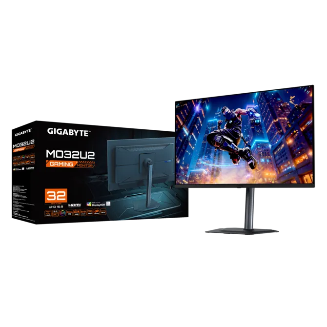 شاشة ألعاب جيجابايت MO32U2 مقاس 31.5 بوصة بتقنية QD-OLED ودقة 4K — 3840×2160 UHD، معدل تحديث 240 هرتز، زمن استجابة 0.03 مللي ثانية، 99% من ألوان DCI-P3، دعم عرض HDR الأسود الحقيقي 400، منفذ HDMI 2.1، منفذ DisplayPort، منفذ USB-C، مكبرات صوت مدمجة