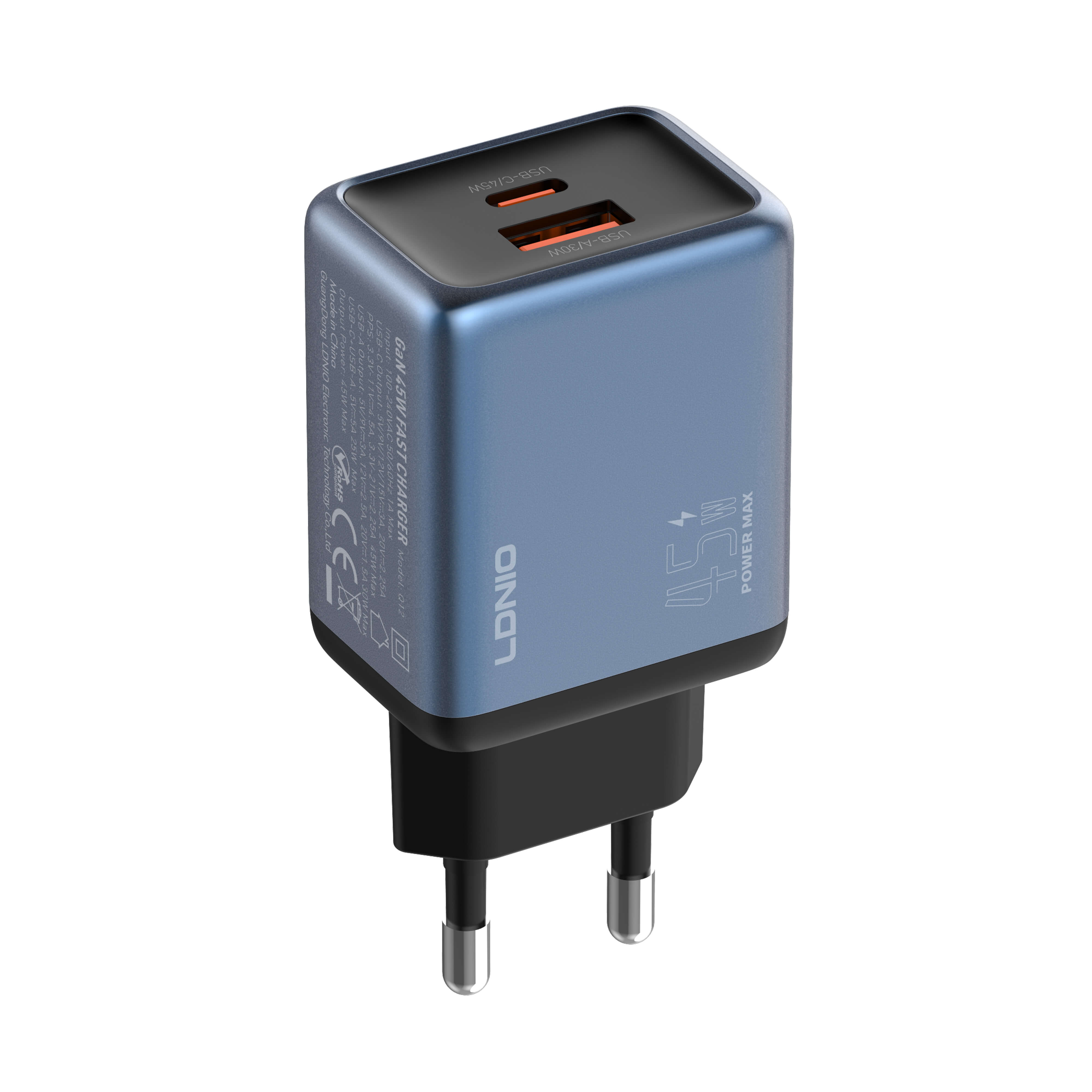 LDNIO Q12 45W USB‑C & USB‑A GaN Super Fast Charger, Gallium Nitride PD & PPS Quick Charge Adapter, Compact Dual‑Port Travel Wall Charger
