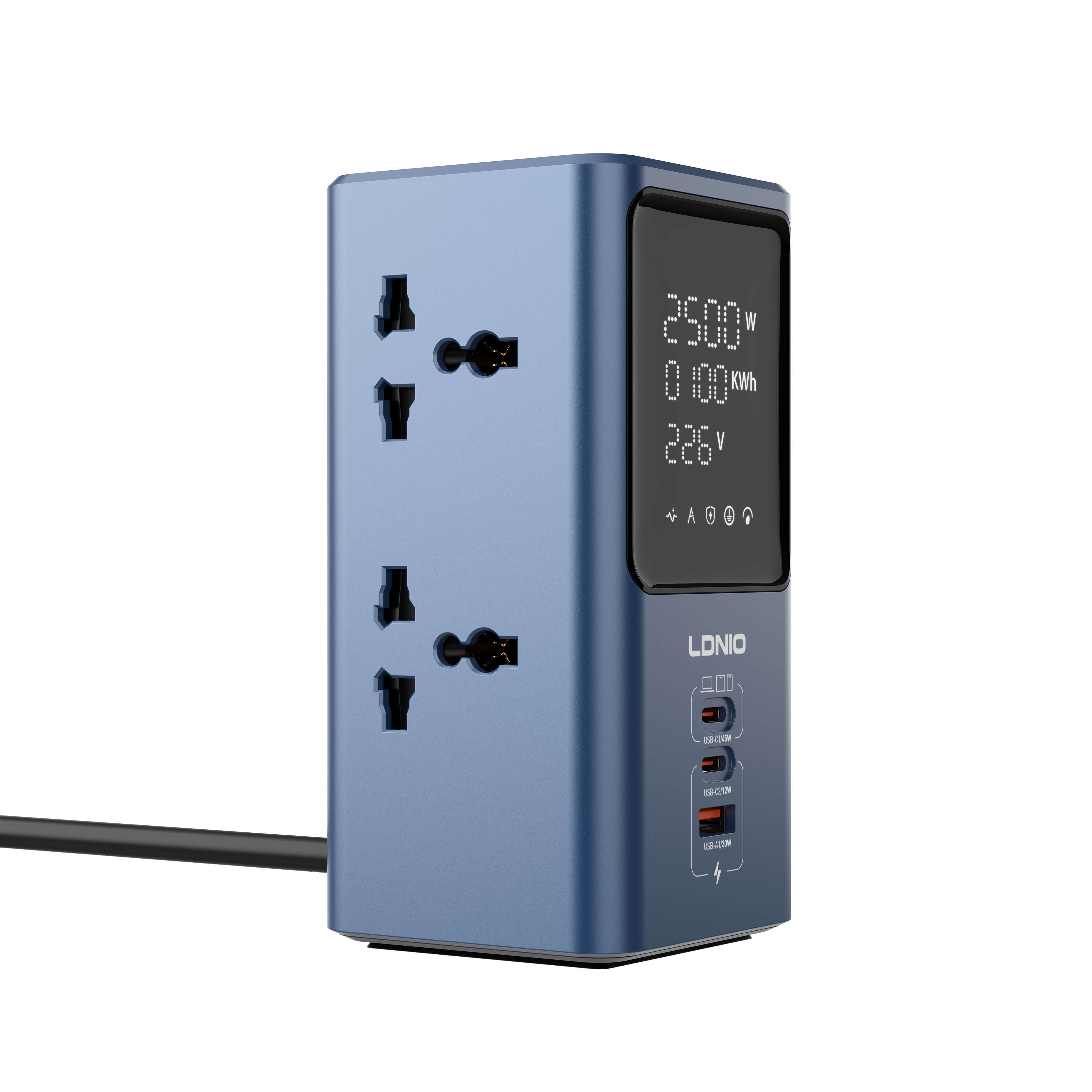 LDNIO SC2 45W Universal Power Strip Desktop LED Power Adapter, PD & QC3.0 Fast Charging, 4‑Outlet Extension with Dual USB‑C & USB‑A Ports