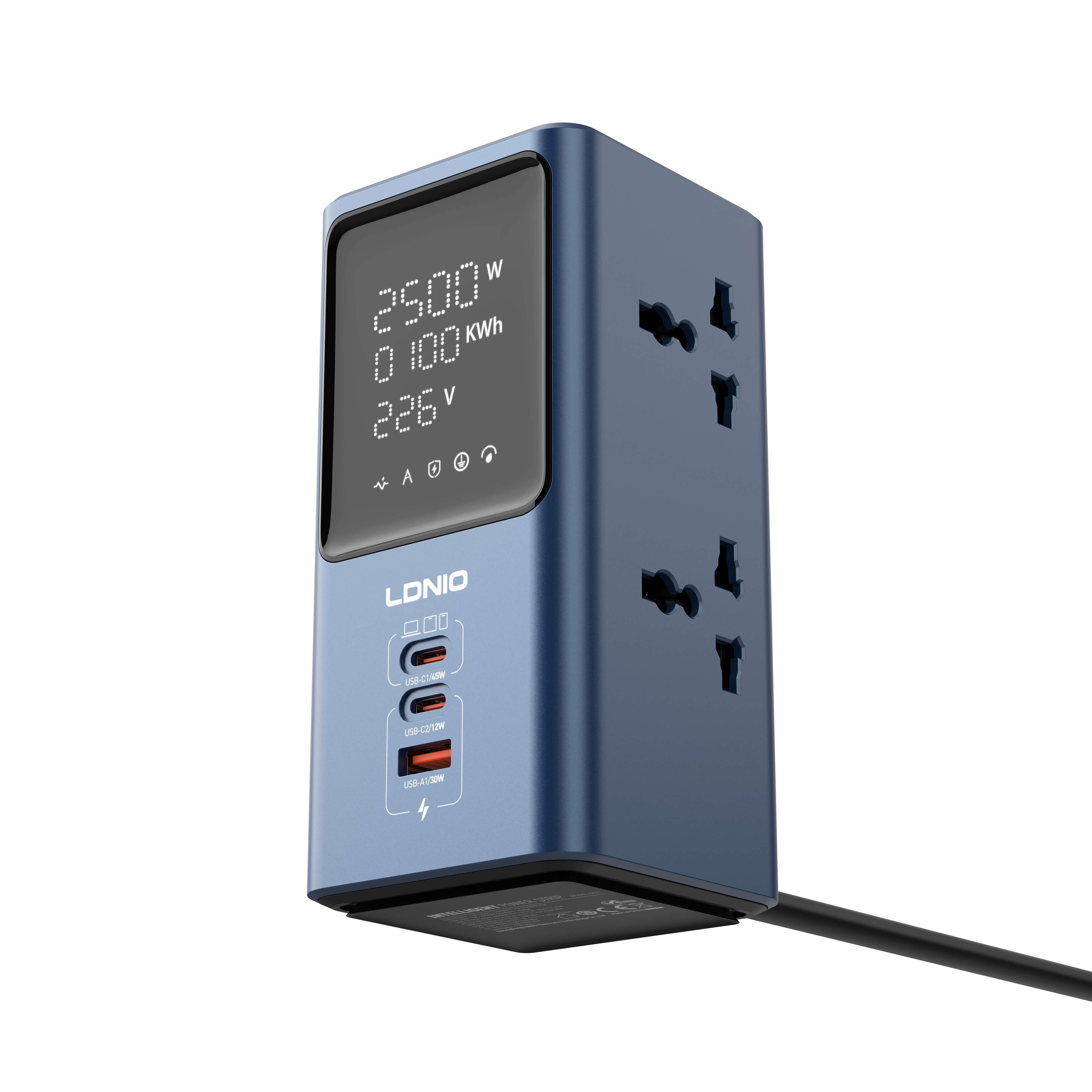 LDNIO SC2 45W Universal Power Strip Desktop LED Power Adapter, PD & QC3.0 Fast Charging, 4‑Outlet Extension with Dual USB‑C & USB‑A Ports