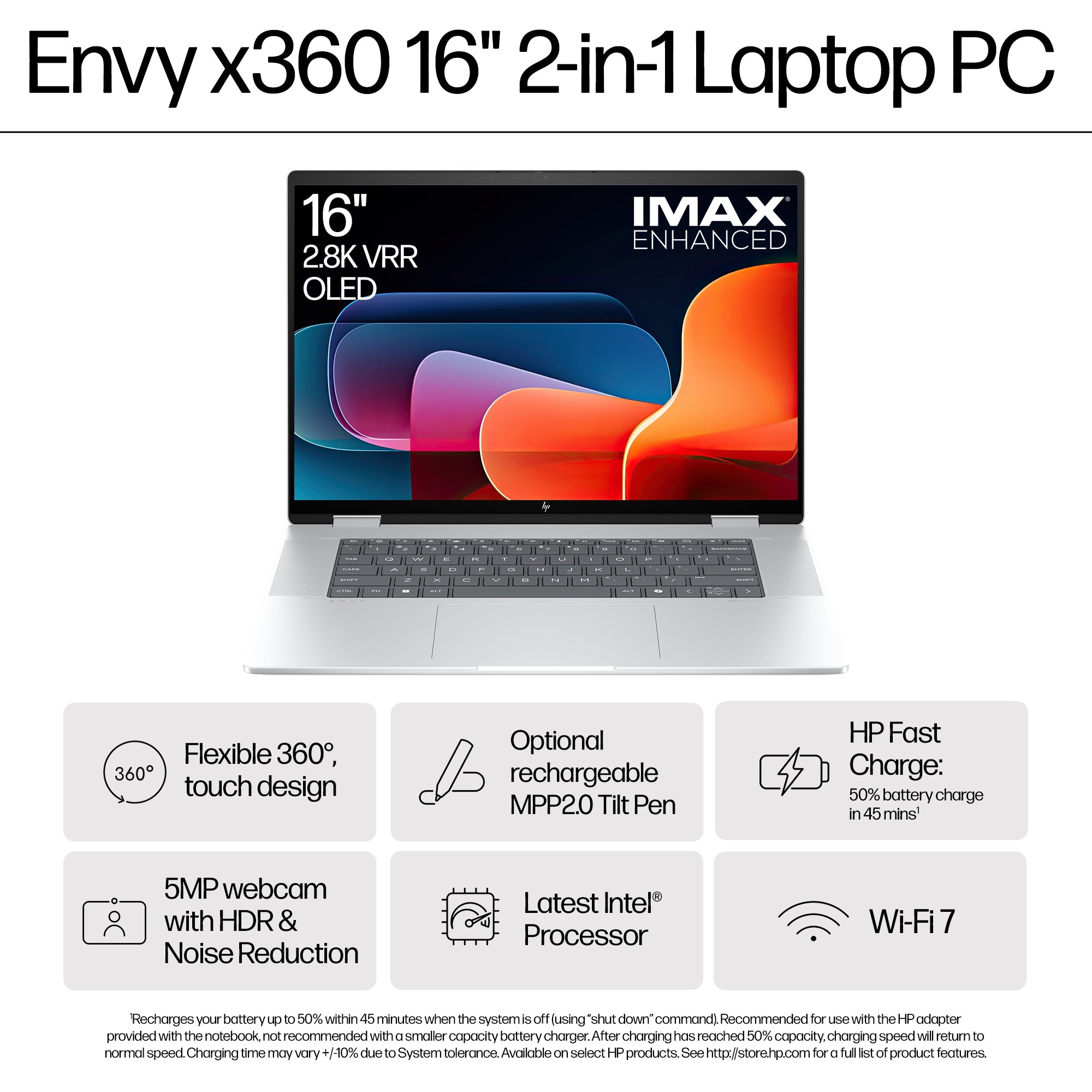 كمبيوتر محمول HP Envy x360 2 في 1 16-AC0003 بشاشة OLED 2.8K مقاس 16 بوصة - معالج Core Ultra 5 125U - ذاكرة وصول عشوائي (RAM) سعة 8 جيجابايت - قرص SSD سعة 1 تيرابايت - نظام تشغيل Windows 11