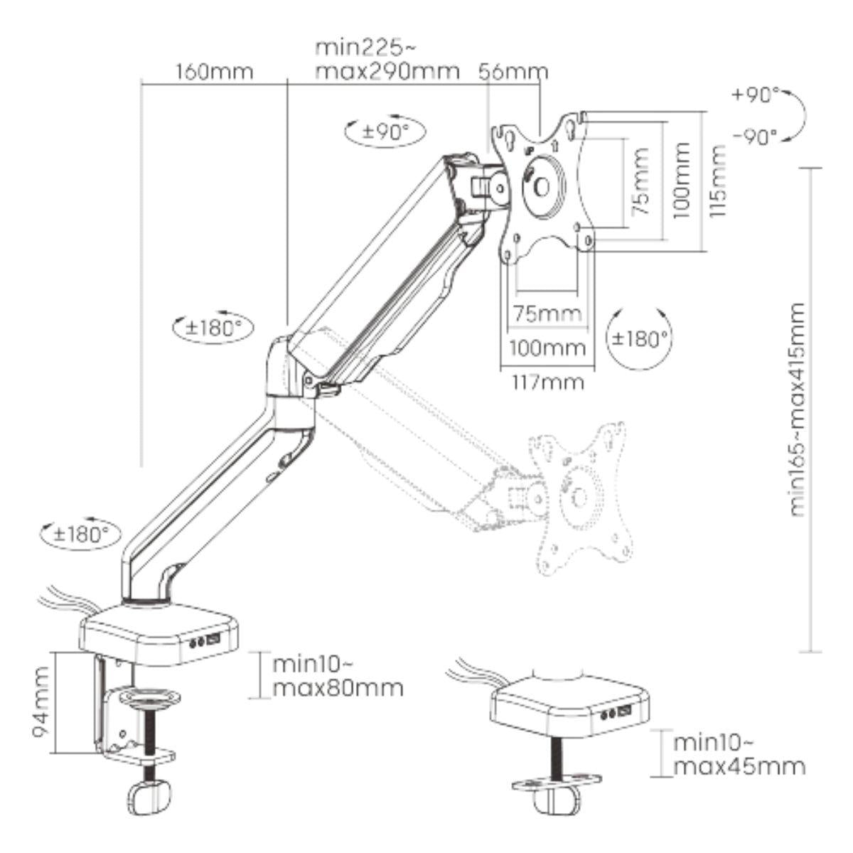 ذراع شاشة Avetron MA101 – بنوابض، لشاشات 17″–32″، منافذ USB وصوت، تثبيت مشبك أو فتحة