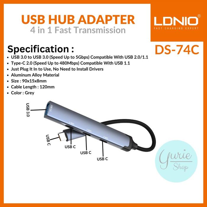 LDNIO DS‑74C USB‑C Multi‑Port Hub with 3× USB‑C & 1× USB 3.0 Ports, High‑Speed Data Transfer Adapter for Laptop, MacBook, Tablet & USB‑C Devices